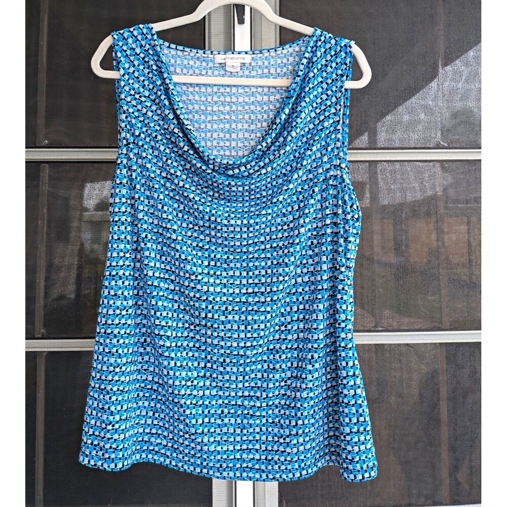 Liz Claiborne Women's XL Blue Geometric Cowl Neck Sleeveless Knit Tank Top